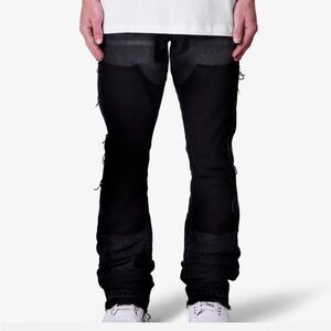 MNML Men's Two-Tone Black Patchwork B118 Work Flare Denim‎ Jeans